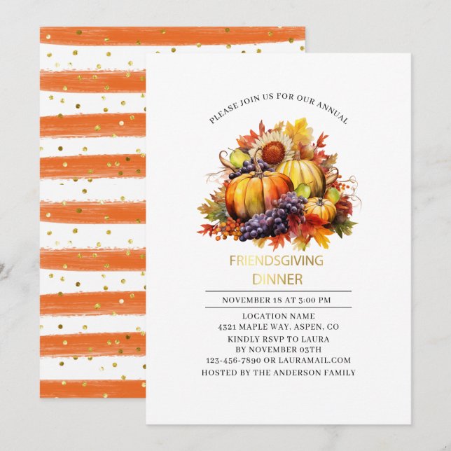 Invitation dîner watercolor de Friendsgiving automne citrouil (Devant / Derrière)