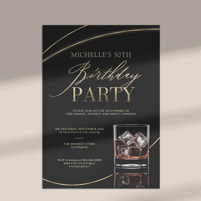 Invitation Dîner Whiskey Cocktail Party Moderne 50e anniversa (50th birthday invitation women black gold cocktail dinner party wishkey fine dining elegant modern)