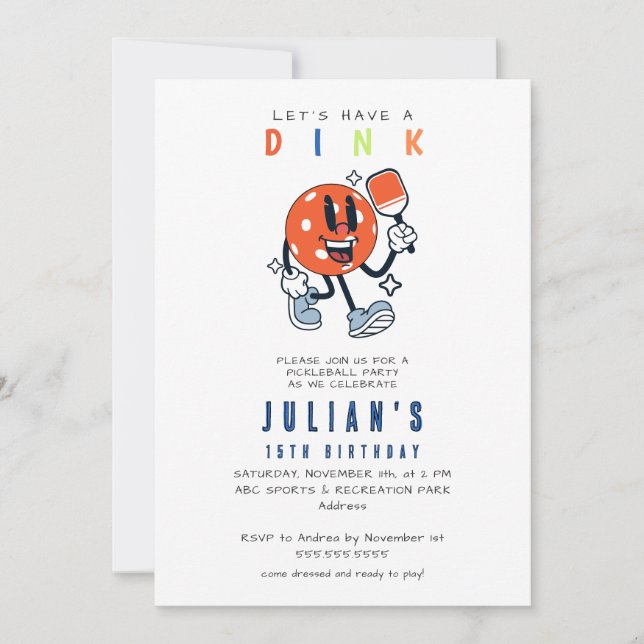 Invitation Dink Pickleball Party Sports Cartoon Mascotte Padd (Devant)