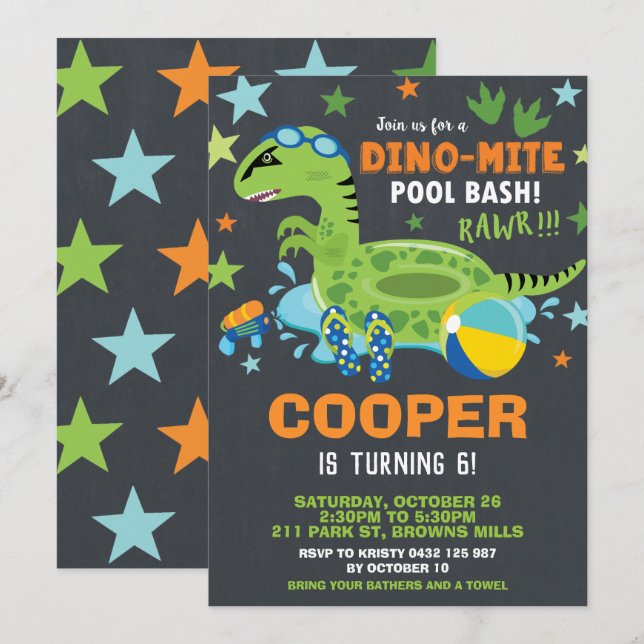 Invitation Dino-acarides de garçon de coup de fête (Devant / Derrière)