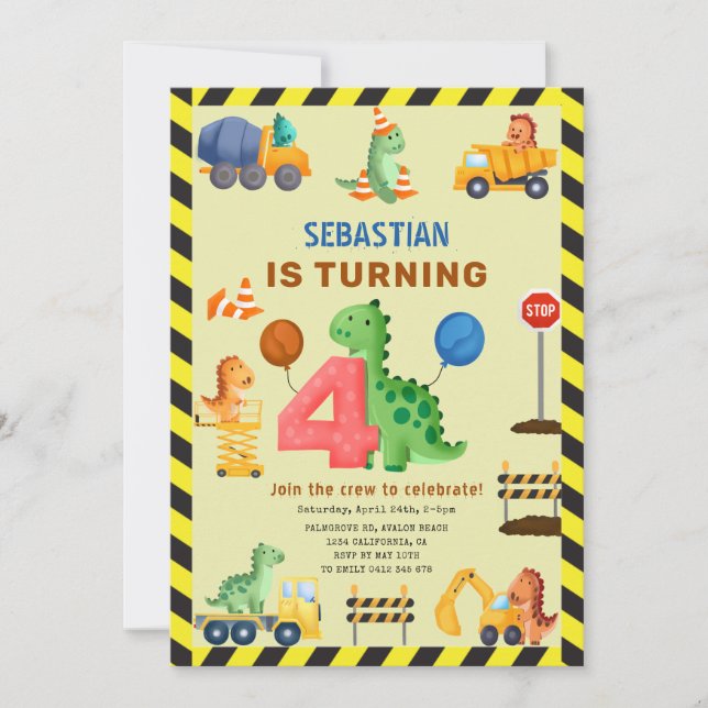 Invitation Dino Crew Construction 4e Anniversaire Dinosaur (Devant)
