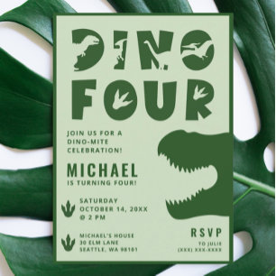 Invitation Dino Four Green Dinosaur 4e fête d'anniversaire