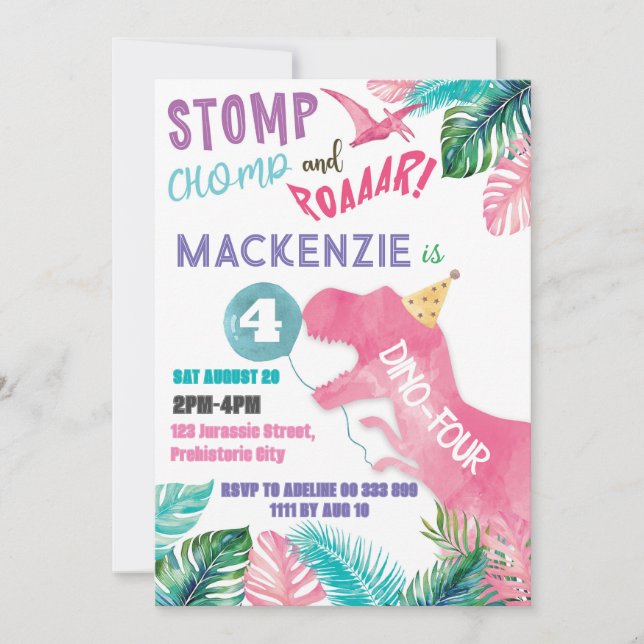Invitation Dino-Four Rose Girl Dinosaur 4e anniversaire (Devant)