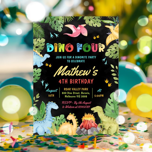 Invitation Dino Four T-Rex Dinosaur 4e fête d'anniversaire (Créateur téléchargé)
