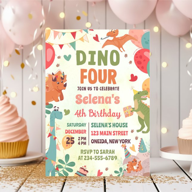 Invitation Dino FOUR T-Rex Dinosaur 4e fête d'anniversaire (Créateur téléchargé)
