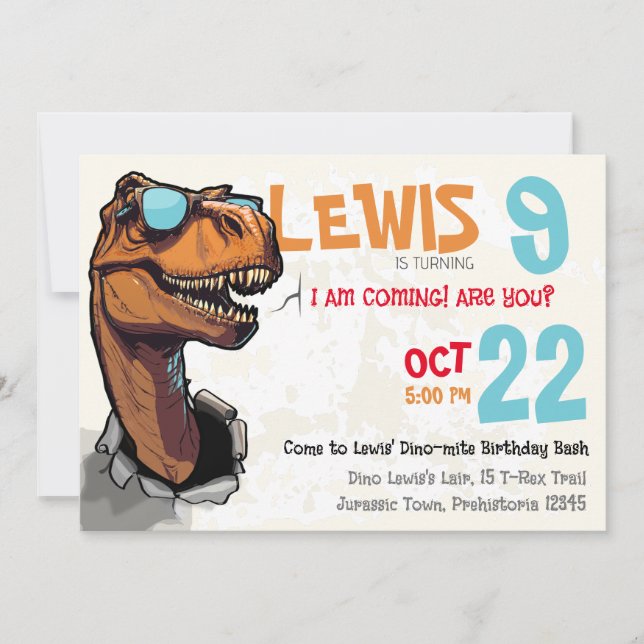 Invitation Dino-mite Anniversaire Bash : Rouler avec le T-Rex (Devant)