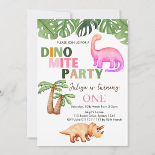 Invitation Dino-mite t-rex fête d'anniversaire rose