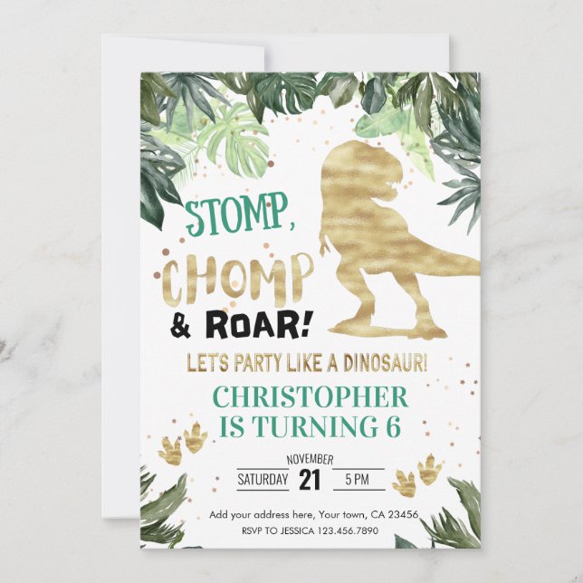 Invitation Dino Party Boy Gold Dinosaur Anniversaire (Devant)