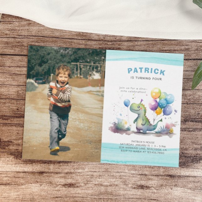 Invitation Dino Party Cute Aquarelle Boy Blue Anniversaire (Créateur téléchargé)