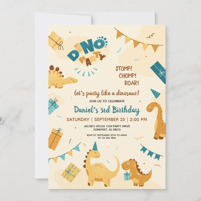 Invitation Dino Party. Cute Dinosaures 3e anniversaire (Devant)