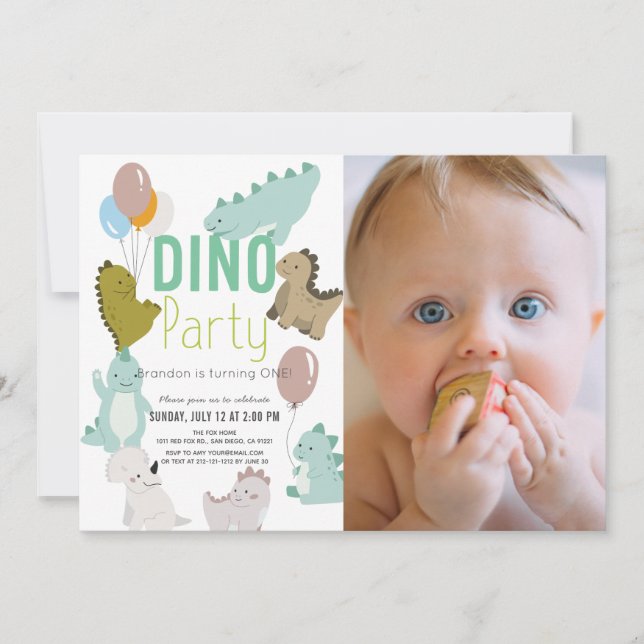 Invitation Dino Party Dinosaur Boy Photo 1er anniversaire (Devant)