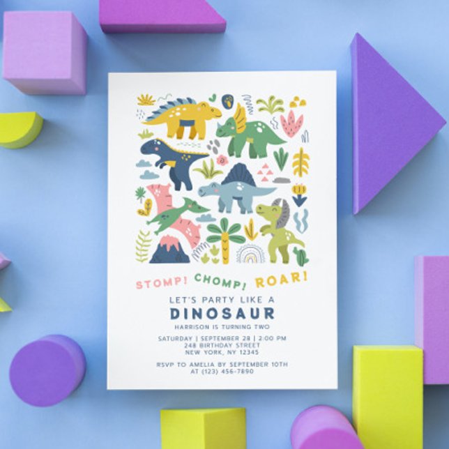 Invitation Dino Party mignonne Dinosaures moderne Deuxième an (Créateur téléchargé)