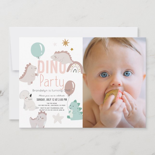 Invitation Dino Party Pink Dinosaur fille 1er anniversaire (Devant)