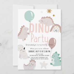 Invitation Dino Party Pink Dinosaur fille 1er anniversaire