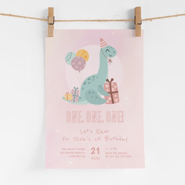 Invitation Dino Party Rawr rose 1er anniversaire (Créateur téléchargé)