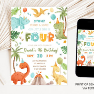 Invitation Dino Quatre Quatrième fête d'anniversaire 4e anniv