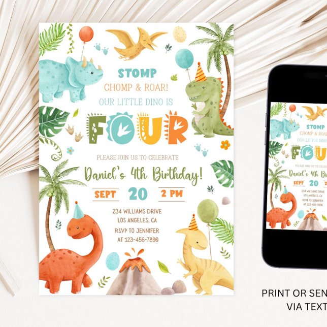 Invitation Dino Quatre Quatrième fête d'anniversaire 4e anniv (Créateur téléchargé)