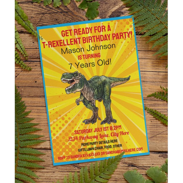 Invitation Dino T-Rex Dinosaur Amusant Anniversaire coloré (Fun Dinosaur Kid's birthday invitation)