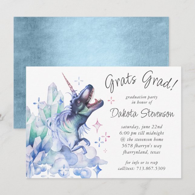 Invitation Dinocorn cristal bleu | Diplômé de l'Unicorn Dinos (Devant / Derrière)