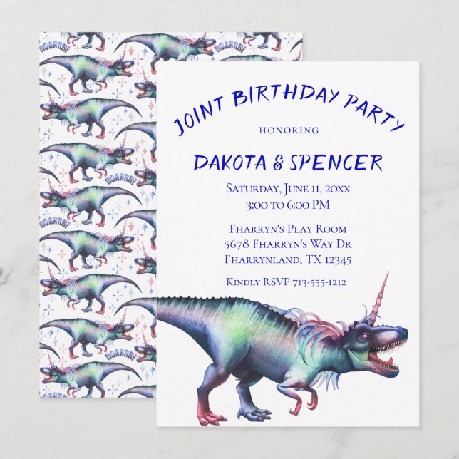 Invitation Dinocorn fête d'anniversaire conjointe | Unicorn D (Devant / Derrière)