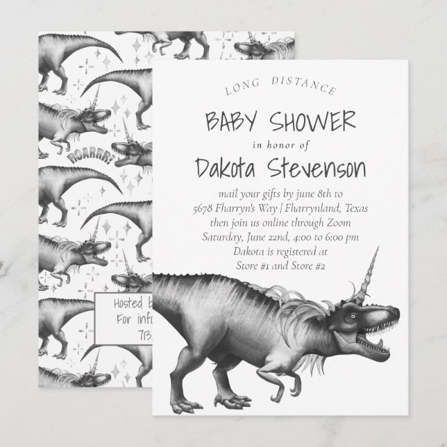 Invitation Dinocorn Silver | Baby shower interurbain mignon (Devant / Derrière)