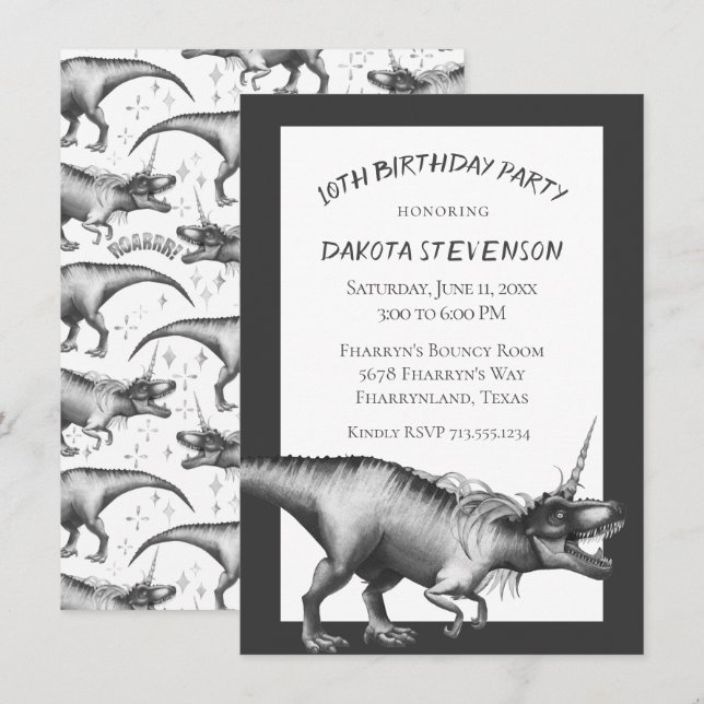 Invitation Dinocorn Silver | Unicorn Dinosaur fête d'annivers (Devant / Derrière)