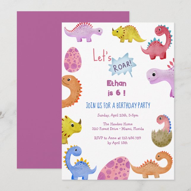 Invitation Dinos rugissons l'invitation de l'anniversaire de  (Devant / Derrière)