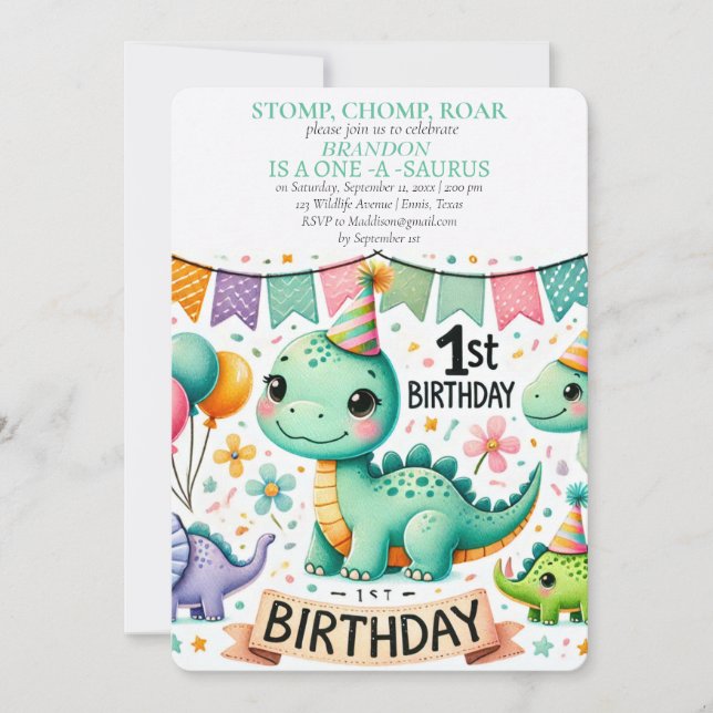 Invitation Dinosaur 1er anniversaire Boy Stomp Chomp Roar (Devant)
