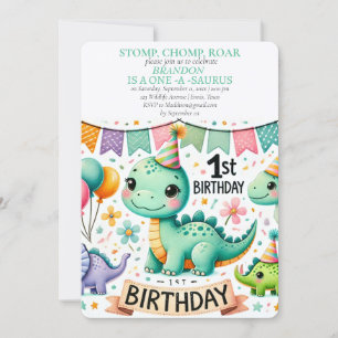 Invitation Dinosaur 1er anniversaire Boy Stomp Chomp Roar