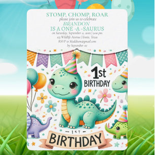 Invitation Dinosaur 1er anniversaire Boy Stomp Chomp Roar