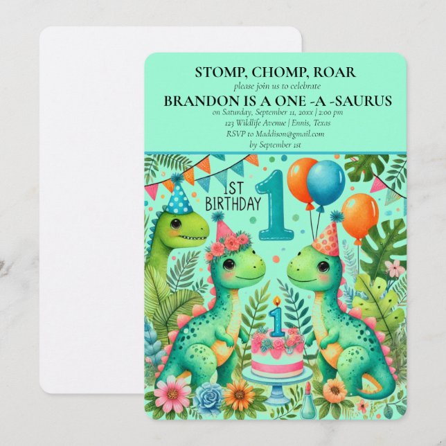 Invitation Dinosaur 1er anniversaire Boy Stomp Chomp Roar (Devant / Derrière)