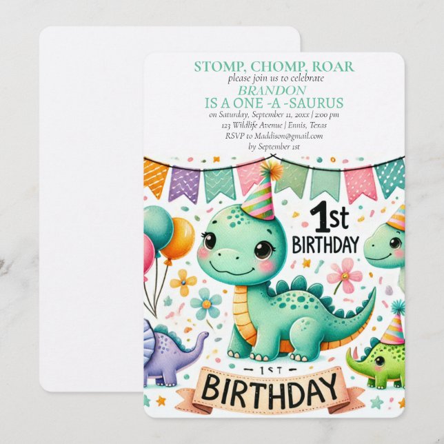 Invitation Dinosaur 1er anniversaire Boy Stomp Chomp Roar (Devant / Derrière)