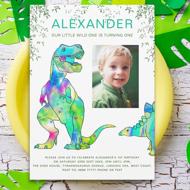 Invitation Dinosaur 1er anniversaire de fête Photo (Colorful dinosaur wild one 1st birthday party invitation with photo template T-rex Stegosaurus dinos)