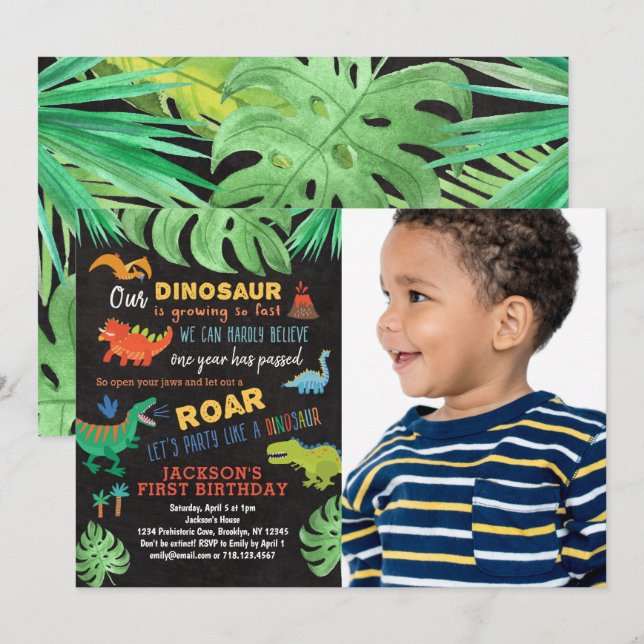Invitation Dinosaur 1er anniversaire Dino Party Photo (Devant / Derrière)