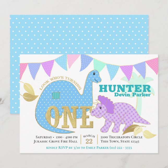 Invitation Dinosaur 1er anniversaire fête (Devant / Derrière)