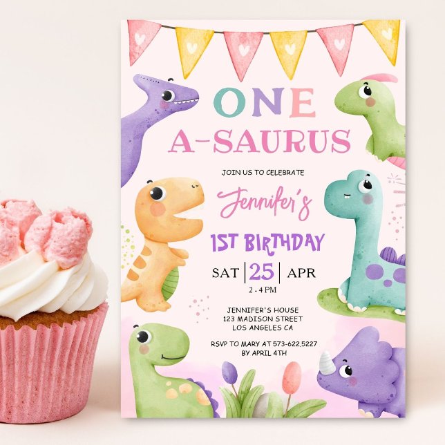 Invitation Dinosaur 1er anniversaire fille mignonne un A-Saur (Créateur téléchargé)