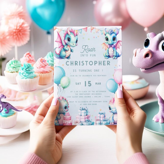 Invitation Dinosaur 1er anniversaire Pastel Cute Dino Dragon  (Créateur téléchargé)