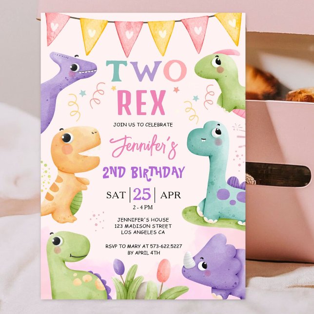 Invitation Dinosaur 2e anniversaire fille mignonne deux Rex A (Créateur téléchargé)