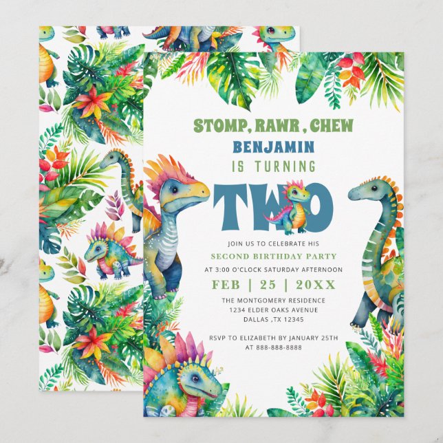 Invitation Dinosaur 2ème anniversaire fête mignonne bébé garç (Devant / Derrière)