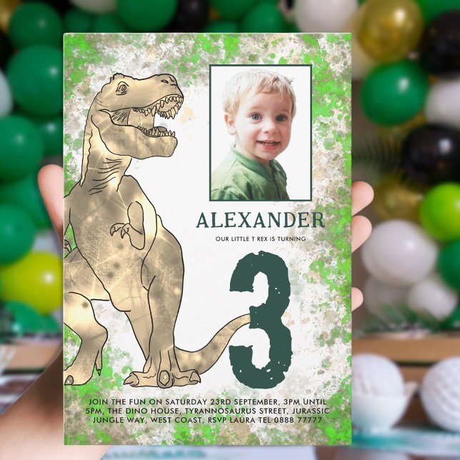 Invitation Dinosaur 3ème anniversaire de fête Photo (Dinosaur T-Rex photo template 3rd birthday party invitation green and brown watercolor )