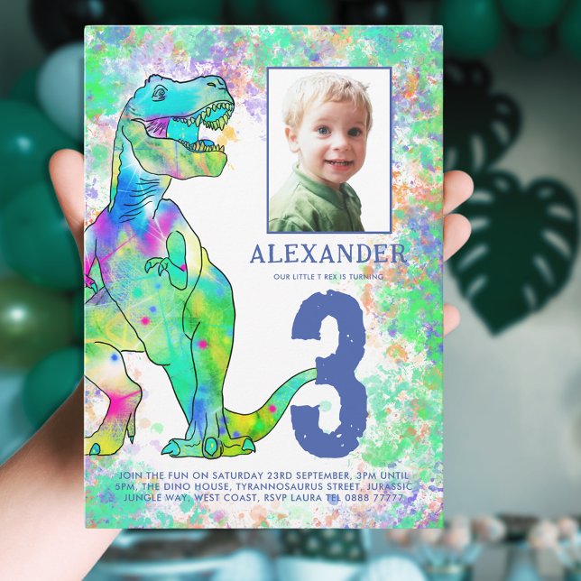 Invitation Dinosaur 3ème anniversaire de fête Photo Bleu (Colorful dinosaur 3rd birthday party invitation with photo template unique T-Rex Dino watercolor )