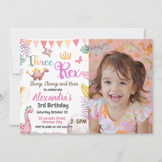 Invitation Dinosaur 3ème anniversaire Trois Rex Photo Girl (Devant)
