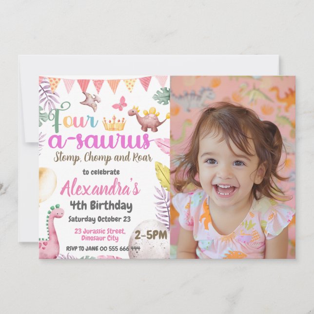 Invitation Dinosaur 4e anniversaire Four-A-Saurus Photo Girl (Devant)