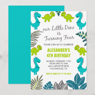 Invitation Dinosaur 4e anniversaire jungle vert dino t rex
