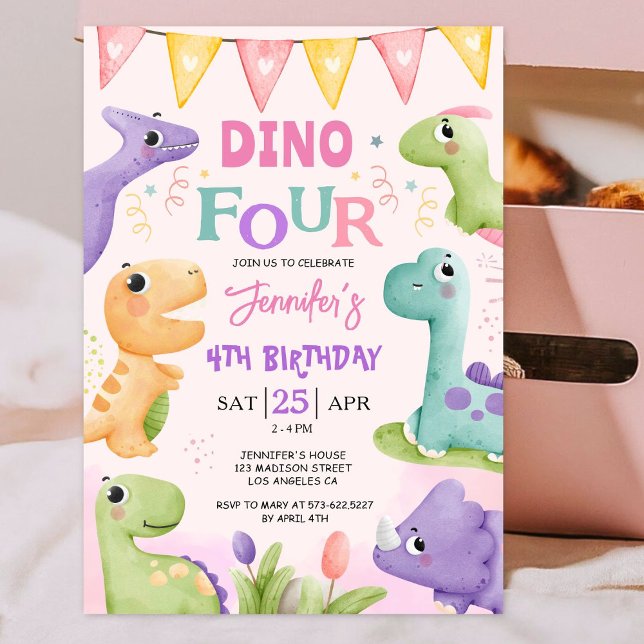 Invitation Dinosaur 4e anniversaire Pink Cute Dino-Four Party (Créateur téléchargé)