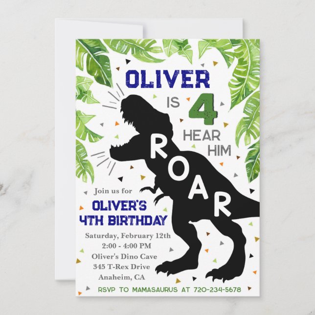 Invitation Dinosaur 4e anniversaire, quatre l'entendent Invit (Devant)