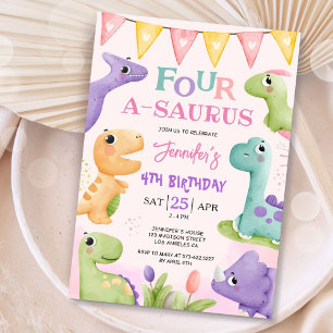 Invitation Dinosaur 4e anniversaire rose mignon quatre A-Saur
