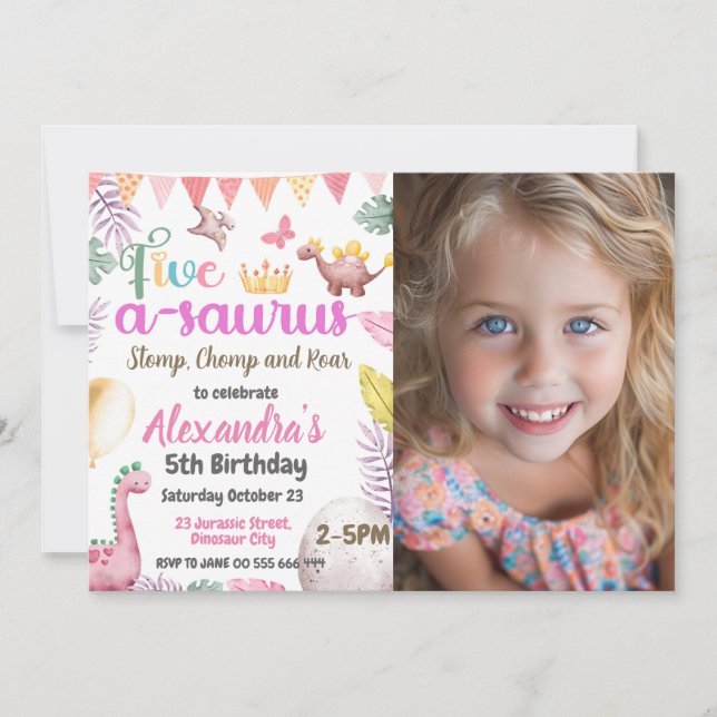 Invitation Dinosaur 5e anniversaire fille Cinq A-Saurus photo (Devant)