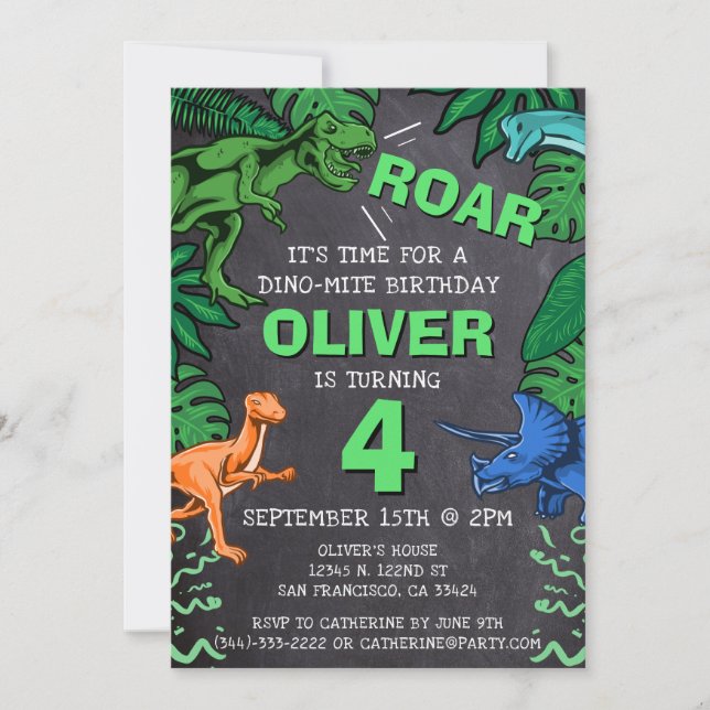 Invitation Dinosaur Anniversaire de enfant Dino Trex Chalkboa (Devant)