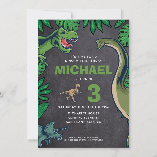 Invitation Dinosaur Anniversaire de enfant Dino Trex Chalkboa (Devant)